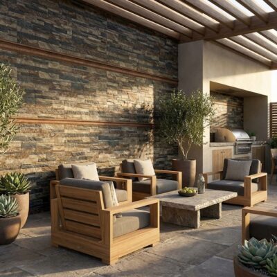 Terraza exterior con aplacado de hormigón imitación piedra pizarra en tonos grises, mobiliario de madera con cojines, plantas en macetas y pérgola de madera con iluminación cenital.