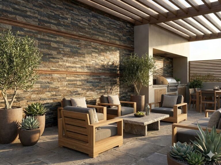 Terraza exterior con aplacado de hormigón imitación piedra pizarra en tonos grises, mobiliario de madera con cojines, plantas en macetas y pérgola de madera con iluminación cenital.