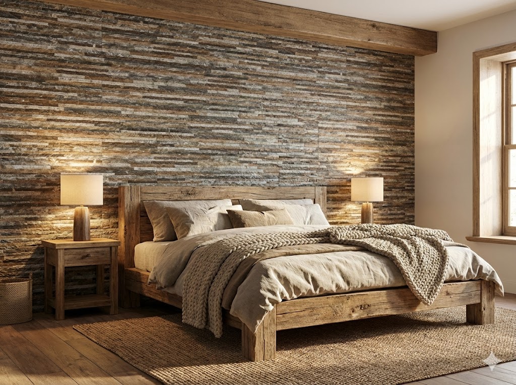 Dormitorio con revestimiento de pared interior efecto piedra natural en tonos grises y marrones, instalado detrás de cama de madera maciza. El acabado texturizado crea profundidad visual complementado con iluminación empotrada cálida.