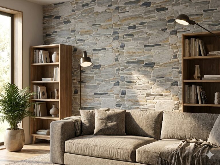 Salón contemporáneo con pared de revestimiento interior imitación piedra en tonos gris y beige, estanterías de madera integradas y sofá tapizado en texturas neutras.