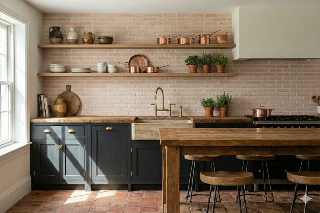 Cocina con pared de revestimiento de ladrillo rústico destonificado en tonos cálidos, combinado con estanterías de madera, muebles base negros, encimera de madera, fregadero de piedra y suelo de barro cocido.