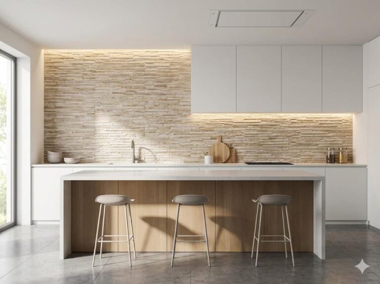 Cocina de diseño minimalista con revestimiento de piedra beige en backsplash e isla central de madera oscura con tres taburetes. Iluminación empotrada cálida destaca la textura del material mural, complementado por armarios superiores blancos y suelo gris oscuro.