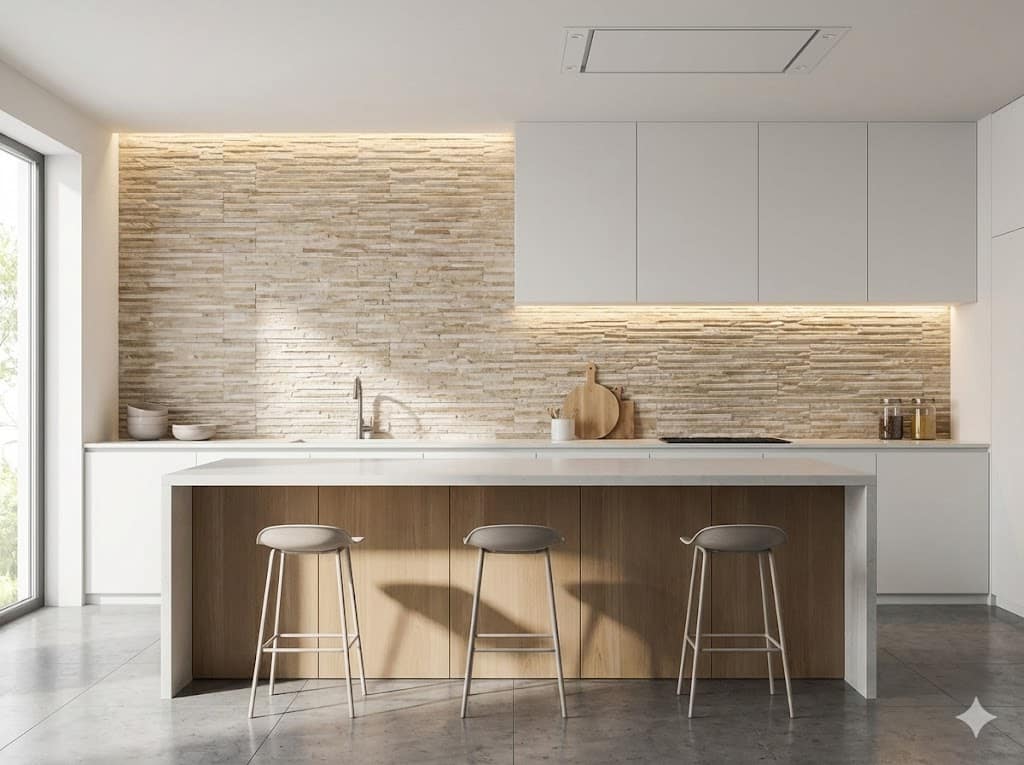 Cocina de diseño minimalista con revestimiento de piedra beige en backsplash e isla central de madera oscura con tres taburetes. Iluminación empotrada cálida destaca la textura del material mural, complementado por armarios superiores blancos y suelo gris oscuro.