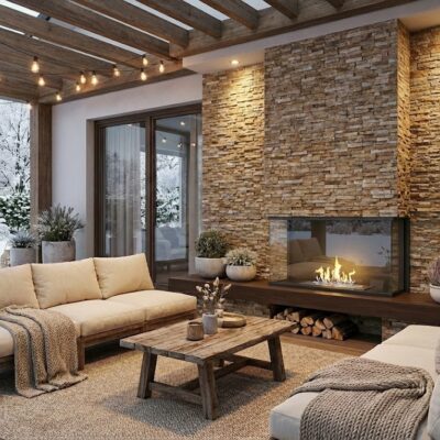 Terraza cubierta con estructura de madera y techo acristalado, revestida con aplacado de hormigón imitación piedra marrón Neptuno. Incluye chimenea lineal, sofás tapizados en tonos neutros, mesa de centro de madera y vegetación decorativa, con vistas al jardín nevado.