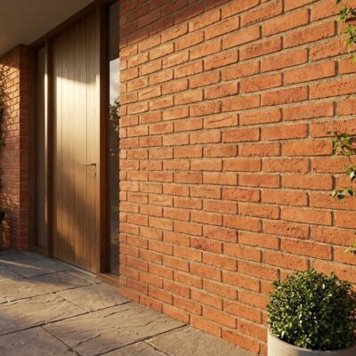 Entrada exterior con aplacado de hormigón efecto ladrillo destonificado en tonos cálidos. La fachada rústica se complementa con plantas trepadoras y macetas, sobre pavimento de piedra natural en tonos grises.