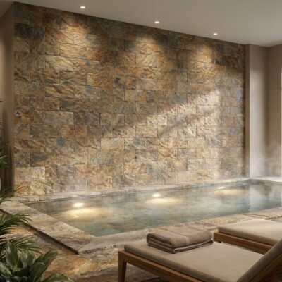 Spa interior con piscina de agua templada revestida con baldosa efecto piedra beige en formato rectangular. La pared frontal muestra el revestimiento en acabado natural con textura de piedra, iluminado con focos empotrados. Tumbonas de madera con cojines beige en primer plano y plantas verdes a los lados completan el espacio de bienestar.
