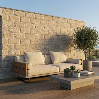Terraza con sofá de madera y cojines beige frente a pared revestida con aplacado efecto piedra natural en tonos beige y gris. Suelo de madera clara, maceta con olivo y vistas al paisaje de fondo.