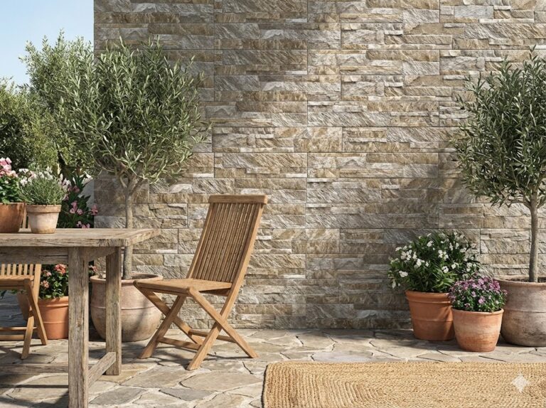 Terraza exterior con aplacado de revestimiento cerámico efecto piedra natural en tonos beige y gris, decorada con macetas de barro, plantas y mobiliario de madera.