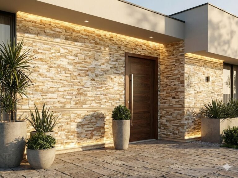 Fachada de entrada con revestimiento exterior efecto piedra en tonos beige y ocre, puerta de madera oscura, plantas en macetas de hormigón y pavimento de exterior. Acabado texturizado con iluminación cálida que resalta la profundidad del aplacado.