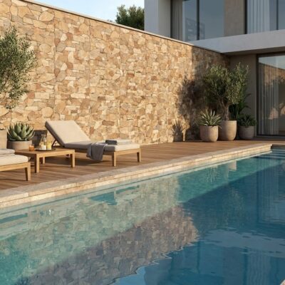 Terraza exterior junto a piscina con aplacado de revestimiento efecto piedra en tonos ocre y beige. Zona de descanso con tumbonas de madera, plantas en maceta y acceso a vivienda moderna con grandes ventanales.
