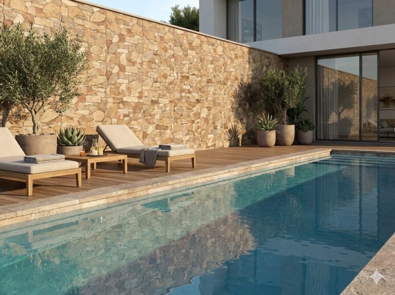 Terraza exterior junto a piscina con aplacado de revestimiento efecto piedra en tonos ocre y beige. Zona de descanso con tumbonas de madera, plantas en maceta y acceso a vivienda moderna con grandes ventanales.