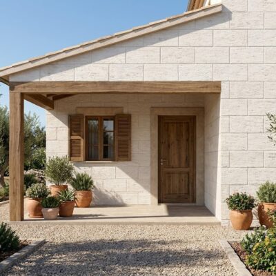 Fachada de vivienda con revestimiento exterior efecto piedra en tonos marfil, porche de madera y puerta de acceso de madera. Macetas de terracota con plantas aromáticas flanquean la entrada sobre pavimento de grava.