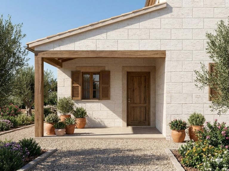 Fachada de vivienda con revestimiento exterior efecto piedra en tonos marfil, porche de madera y puerta de acceso de madera. Macetas de terracota con plantas aromáticas flanquean la entrada sobre pavimento de grava.