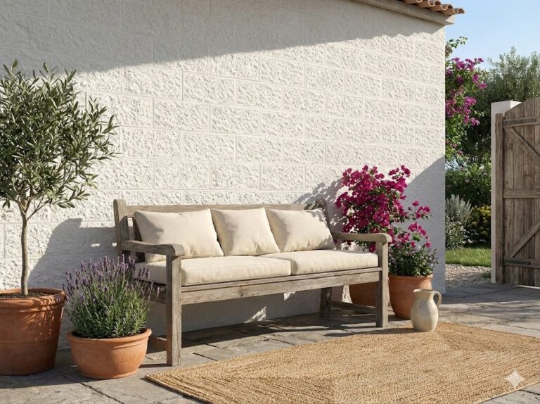 Terraza exterior con sofá de madera y cojines beige frente a muro de revestimiento exterior efecto piedra Pirineos marfil. Macetas con flores magenta y plantas aromáticas completan el espacio.