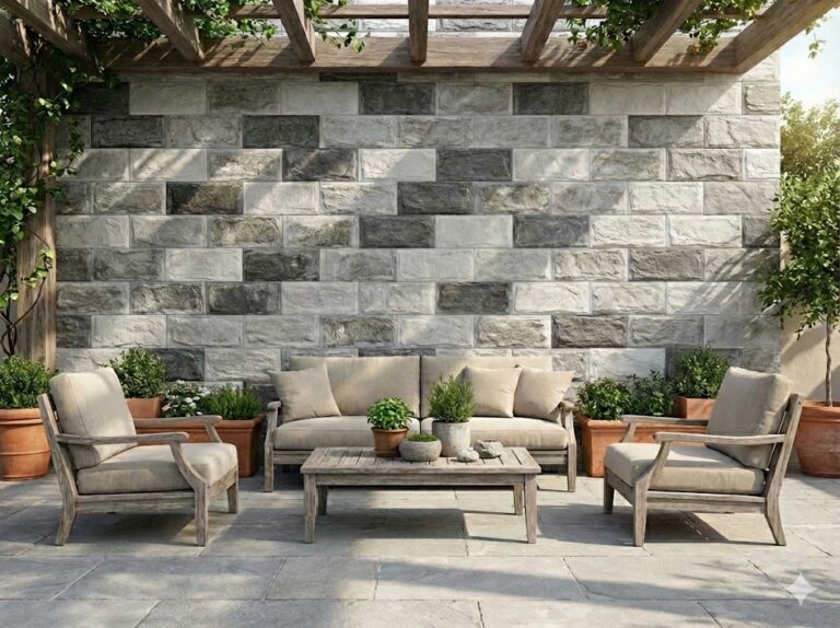 Terraza exterior con aplacado de hormigón imitación piedra Andros Mix Gris en tonos grises y blancos. Zona de descanso con sofá y sillones de madera clara, macetas de barro, y pérgola de madera. Pavimento de losa gris claro.