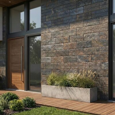 Fachada exterior contemporánea revestida con aplacado imitación piedra en tonos grises y marrones, con marco de ventanales negros, puerta de madera y jardineras de hormigón con plantas ornamentales.