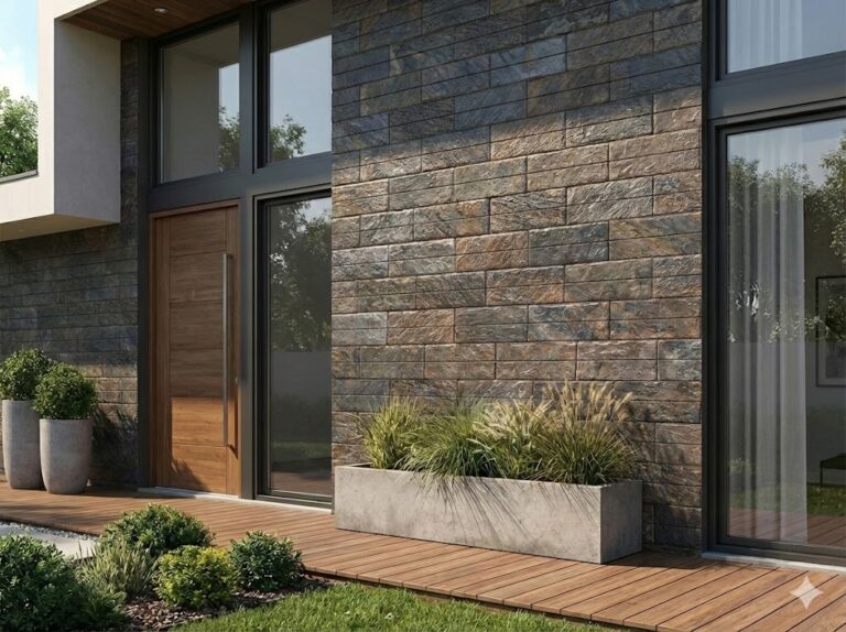 Fachada exterior contemporánea revestida con aplacado imitación piedra en tonos grises y marrones, con marco de ventanales negros, puerta de madera y jardineras de hormigón con plantas ornamentales.