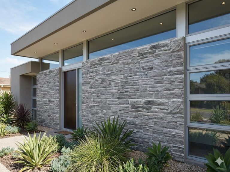 Fachada exterior contemporánea revestida con piedra natural gris Saqqara en formato rectangular, combinada con grandes ventanales y detalles de hormigón. Plantas desérticas en primer plano complementan el diseño minimalista.