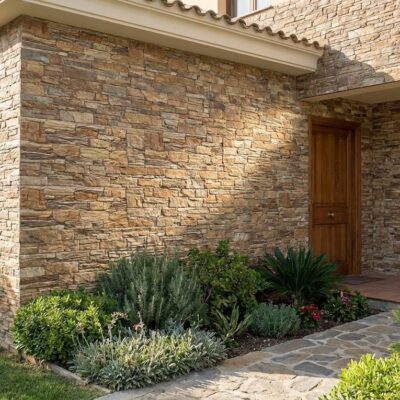 Fachada exterior revestida con aplacado imitación piedra en tonos beige y grises, instalado sobre muros de una vivienda con entrada de madera y vegetación ornamental en primer plano.
