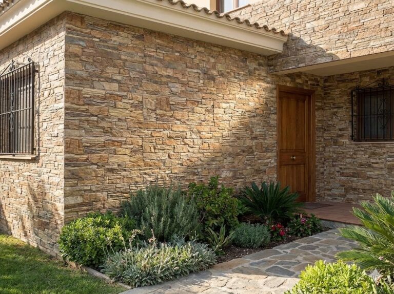 Fachada exterior revestida con aplacado imitación piedra en tonos beige y grises, instalado sobre muros de una vivienda con entrada de madera y vegetación ornamental en primer plano.