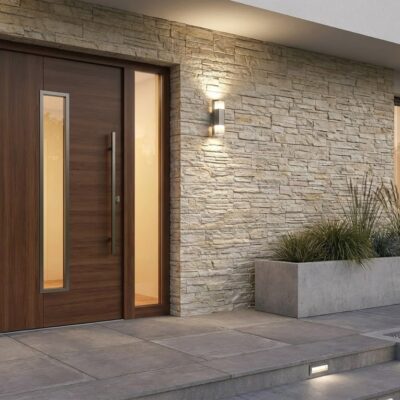 Entrada exterior con puerta de madera oscura y revestimiento de pared imitación piedra en tonos marfil y grises. Pavimento de hormigón gris claro, maceta de hormigón con plantas, y iluminación empotrada.