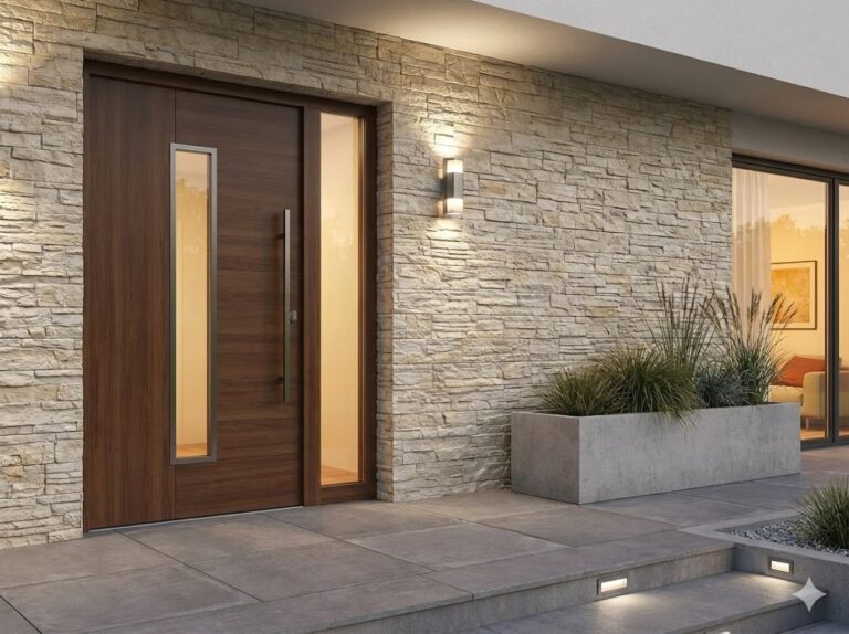Entrada exterior con puerta de madera oscura y revestimiento de pared imitación piedra en tonos marfil y grises. Pavimento de hormigón gris claro, maceta de hormigón con plantas, y iluminación empotrada.