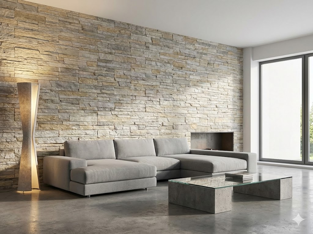 Salón contemporáneo con pared revestida en piedra artificial color crema y textura irregular. Sofá gris claro, mesa de hormigón, lámpara de pie dorada y grandes ventanales.