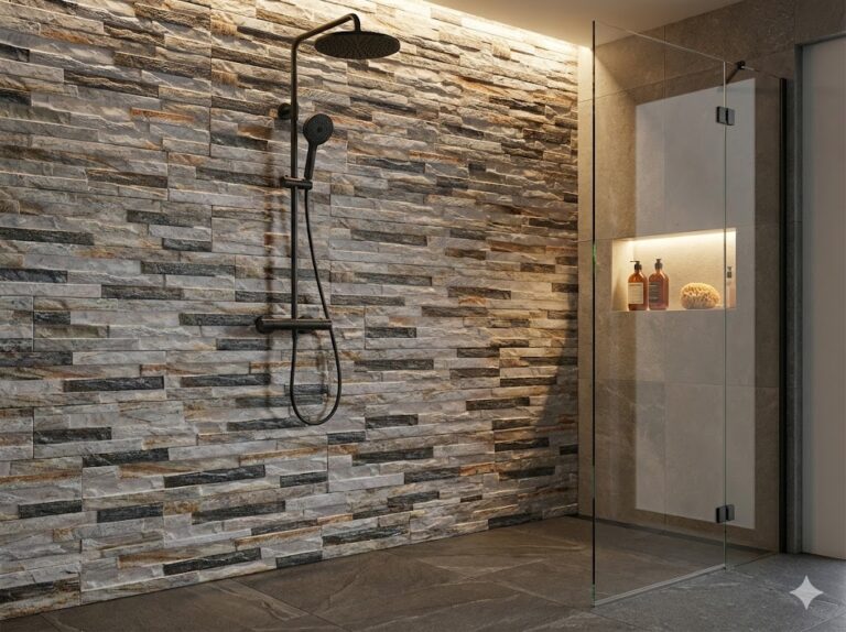 Ducha interior con revestimiento de pared imitación piedra en tonos grises y beige, acabado natural mate. Panel de cristal transparente, grifo de ducha negro matte, nicho iluminado con productos de baño y decoración.
