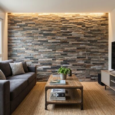 Salón contemporáneo con pared de revestimiento interior efecto piedra en tonos grafito y grises, iluminada con luz cálida integrada. Sofá gris oscuro, mesa de madera con revistas, televisor en mueble blanco, ventana lateral y suelo de madera clara completan el espacio.