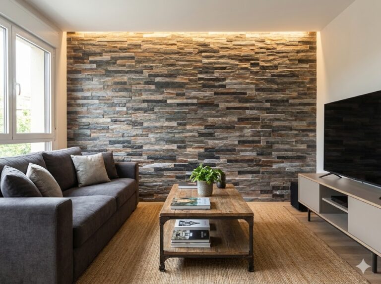 Salón contemporáneo con pared de revestimiento interior efecto piedra en tonos grafito y grises, iluminada con luz cálida integrada. Sofá gris oscuro, mesa de madera con revistas, televisor en mueble blanco, ventana lateral y suelo de madera clara completan el espacio.