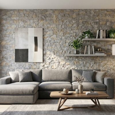 Salón contemporáneo con pared de revestimiento interior efecto piedra Andorra gris, sofá sectional tapizado en gris claro, estanterías flotantes de madera con libros y plantas, y mesa de centro de madera natural.