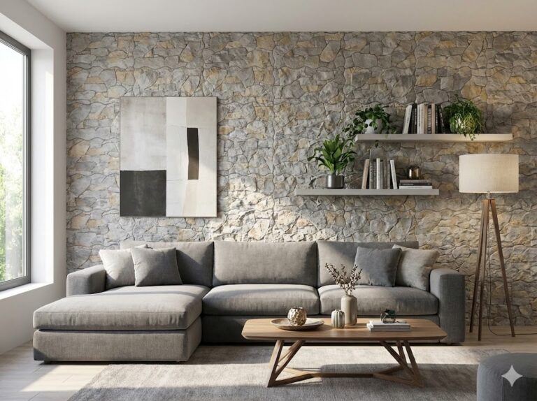 Salón contemporáneo con pared de revestimiento interior efecto piedra Andorra gris, sofá sectional tapizado en gris claro, estanterías flotantes de madera con libros y plantas, y mesa de centro de madera natural.