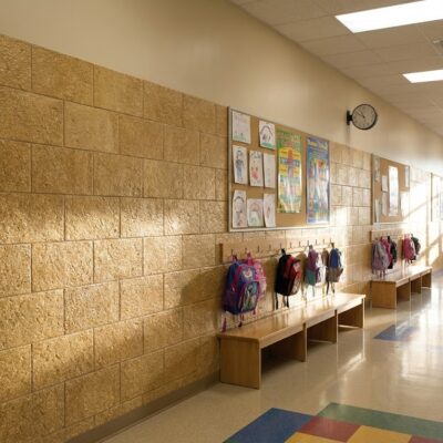Pasillo de escuela con revestimiento de pared imitación piedra en tonos ocre cálidos, bancos de madera y mochilas colgadas. Suelo de gres porcelánico con motivos geométricos en colores.
