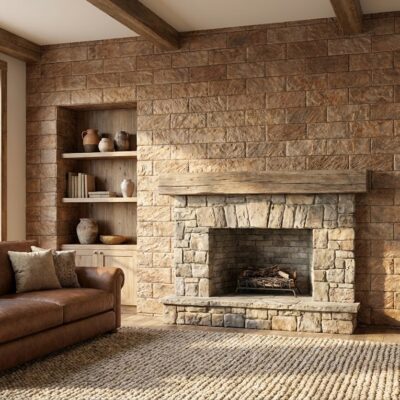 Salón con revestimiento interior rústico efecto piedra en tonos marrones, chimenea de obra, sofá de cuero marrón, estanterías de madera empotradas y suelo cerámico de tonalidad clara.