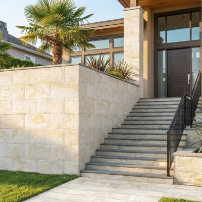 Entrada a vivienda moderna con muro de aplacado exterior imitación piedra en tonos marfil y escalera de acceso. Revestimiento con textura de piedra natural en fachada y bancales decorativos con plantas.