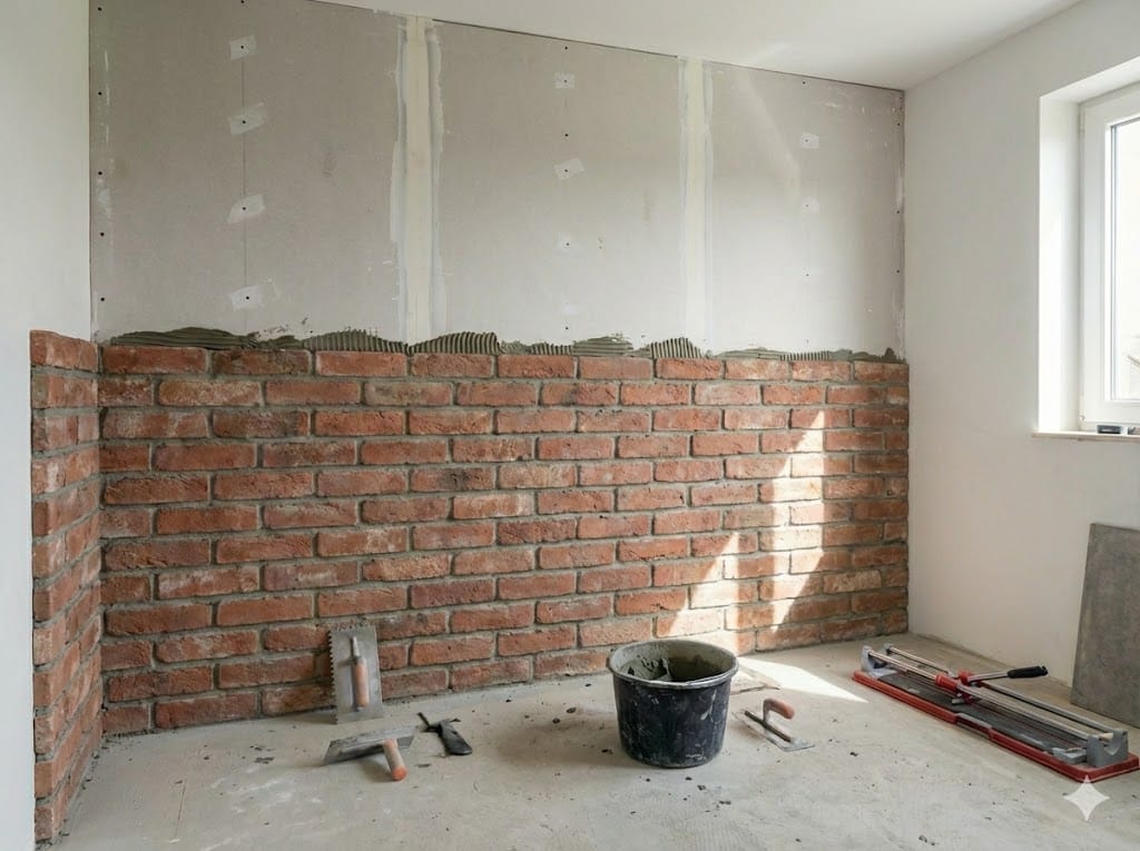Instalación de placas de yeso laminado sobre la perfilería metálica de una pared interior.