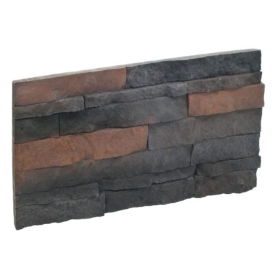 Pieza de revestimiento con efecto piedra en formato irregular y apilable, combinando tonos grises oscuros y marrones tierra. Superficie con textura rústica y acabado mate que imita piedra natural estratificada.