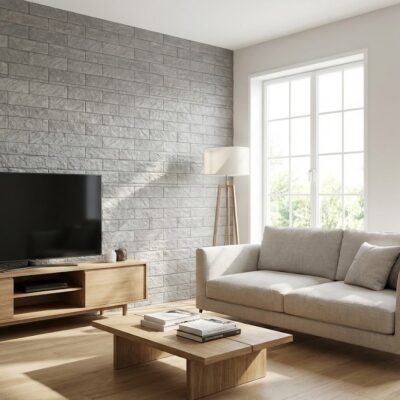 Salón luminoso con pared de revestimiento imitación piedra en tonos grises, sofá beige, mueble TV de madera clara y grandes ventanales. El acabado textizado del revestimiento crea una atmósfera contemporánea y elegante.