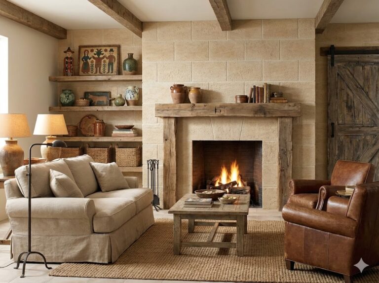 Salón acogedor con revestimiento de pared en imitación piedra Pompeya beige, chimenea de obra, sofá tapizado en crema, sillón de cuero cognac y estanterías de madera con decoración rústica.