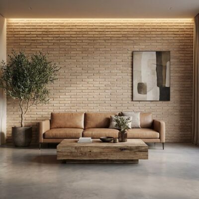 Salón contemporáneo con pared de revestimiento imitación ladrillo rústico en tono blanco crema, sofá de cuero marrón, suelo de cemento pulido gris, mesa de madera clara y accesos de luz natural por grandes ventanales.
