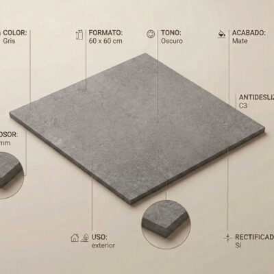 Baldosa porcelánica rectangular de 60×60 cm con efecto cemento gris oscuro, superficie mate con textura uniforme y acabado rectificado, grosor de 20 mm visible en el canto.