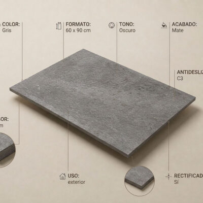 Baldosa porcelánica rectangular de 60x90 cm con acabado mate e imitación cemento en tonalidad gris oscuro, grosor 20 mm, superficie de gres porcelánico con textura uniforme y antideslizante.
