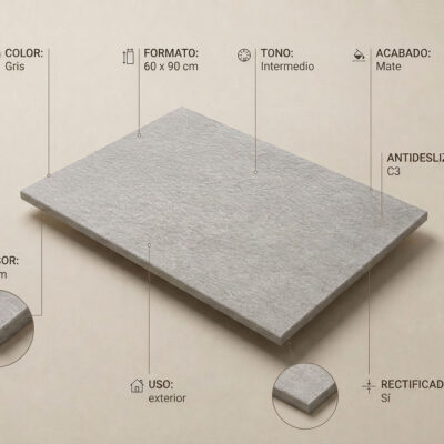 Baldosa rectangular porcelánica gris con efecto cemento, formato 60×90 cm, superficie texturizada mate con grosor de 20 mm y cantos rectificados, suelo porcelánico antideslizante.