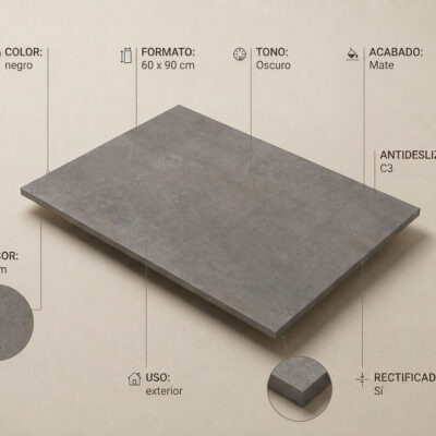 Pieza rectangular de porcelánico imitación cemento en tono gris oscuro con acabado mate, formato 60x90 cm y grosor de 20 mm, superficie con textura uniforme y rectificada.