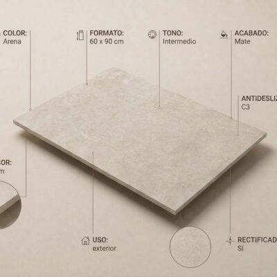 Baldosa porcelánica rectangular de 60×90 cm con efecto cemento en tonalidad gris arena, superficie mate con textura uniforme y grosor de 20 mm, rectificada para gres porcelánico de uso exterior.