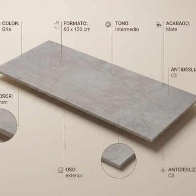Baldosa rectangular de suelo porcelánico efecto cemento en tonalidad gris, 60x120 cm, con acabado mate y grosor de 20 mm. Superficie con textura uniforme y antideslizante C3.