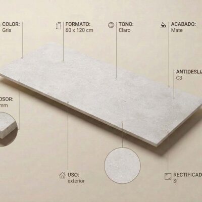 Baldosa porcelánica rectangular de 60x120 cm en tonalidad gris claro con acabado mate y textura de cemento. Grosor de 20 mm, rectificada, apta para uso exterior con antideslizante C3.