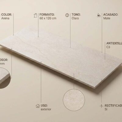 Baldosa porcelánica rectangular de 60×120 cm en color beige con textura imitación cemento y acabado mate. Superficie rectificada con grosor de 20 mm, apta para uso exterior.