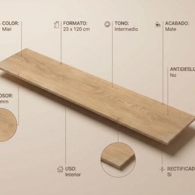 Pieza rectangular de gres porcelánico en formato 23×120 cm con imitación madera en tonos miel cálidos, superficie mate con veteado natural y acabado rectificado.