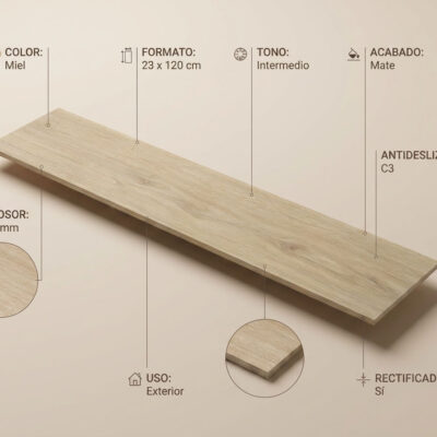 Pieza rectangular de gres porcelánico imitación madera en tonalidad miel, formato 23×120 cm, superficie con veteado natural y acabado mate rectificado, grosor 9,7 mm, antideslizante C3 para suelo de interiores y exteriores.